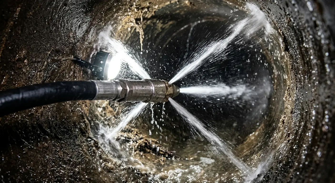 High-pressure hydro jetting nozzle cleaning sewer pipe for Emergency Drain Service in Opelousas