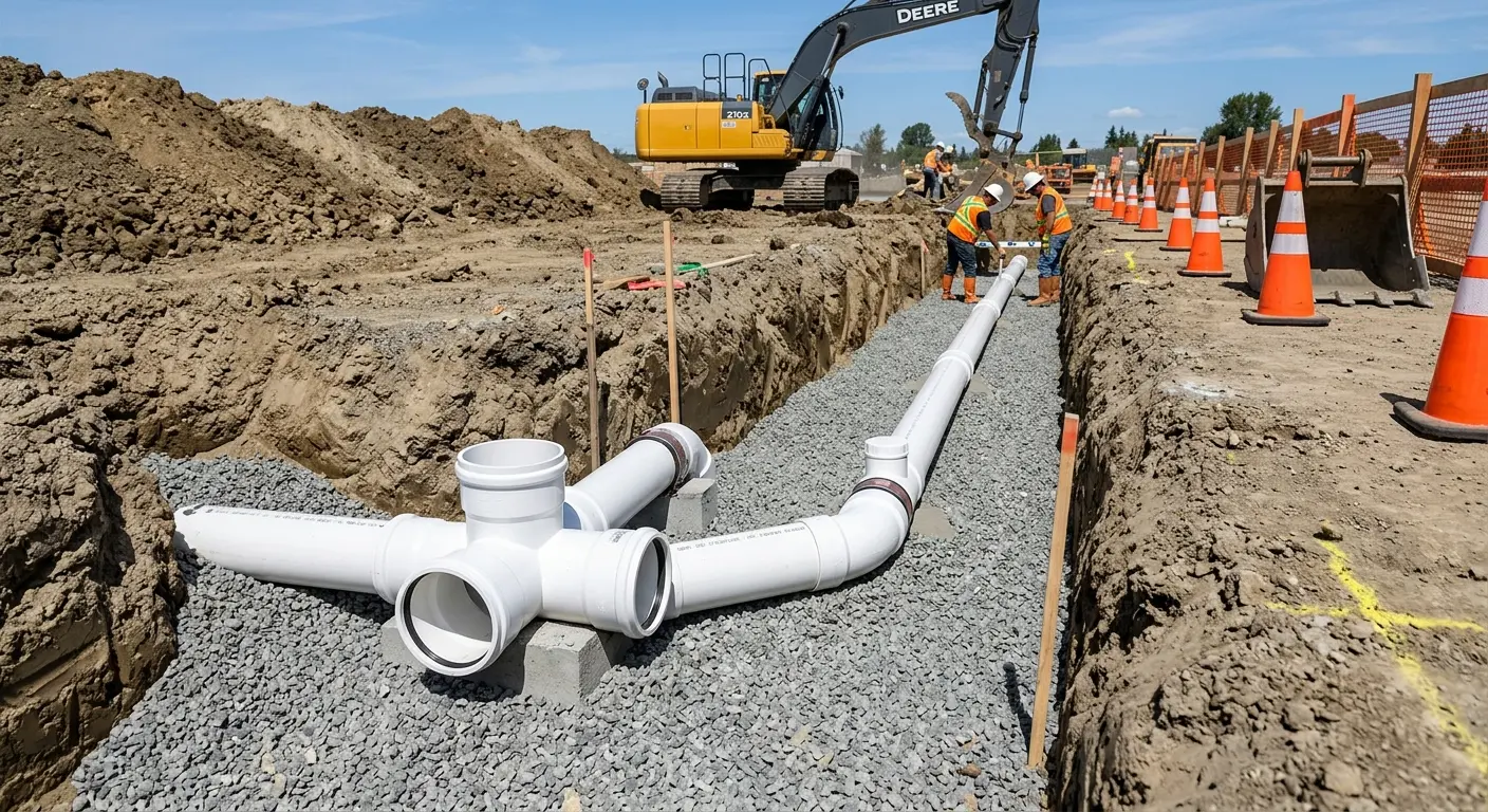 New PVC sewer pipe installation in open trench for Grease Trap Cleaning in Opelousas