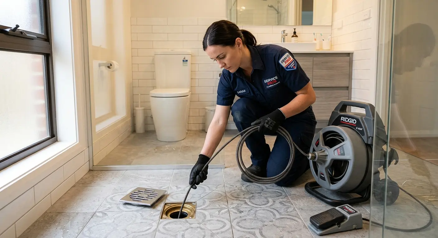 Technician clearing a bathroom floor drain for Drain Repair in Opelousas